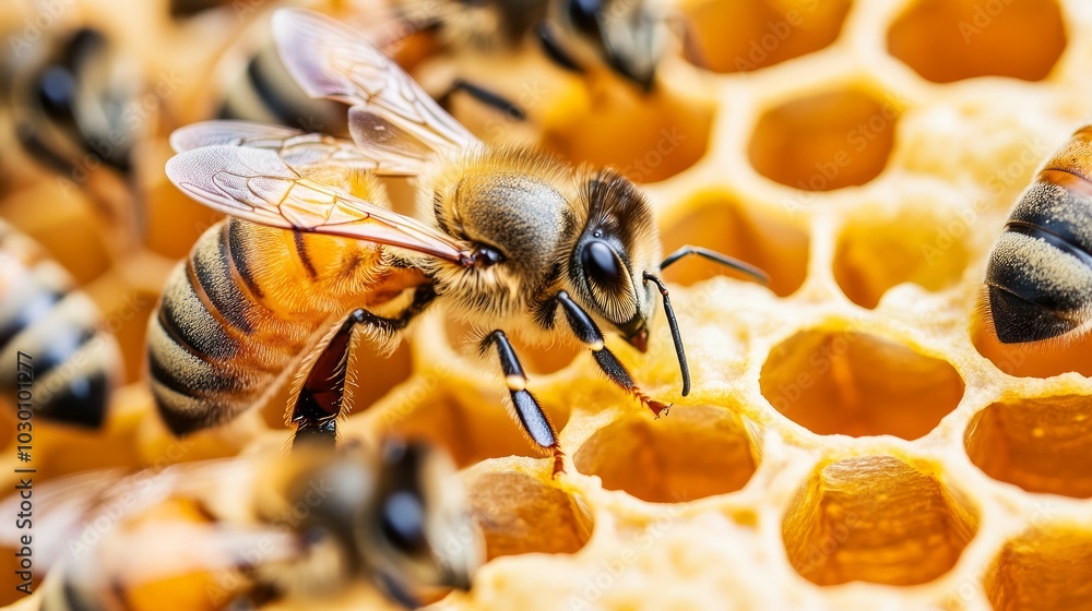 Close-up of bees working on honeycomb. Close-up of bees working on honeycomb.