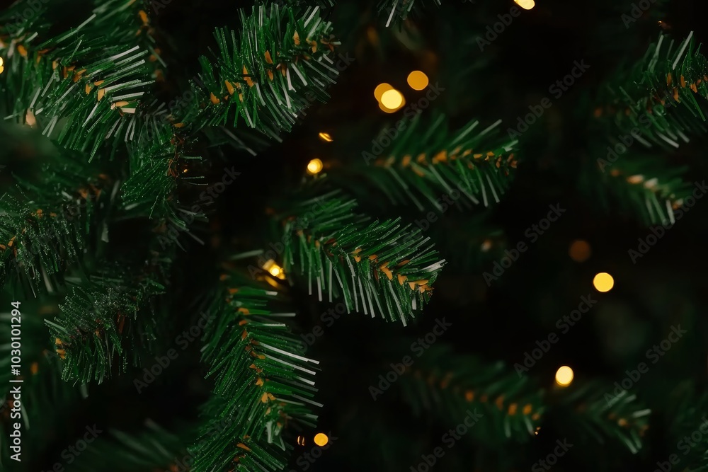Frost-covered pine branches with glowing warm lights on a dark background. Frost-covered pine branches with glowing warm lights on a dark background.