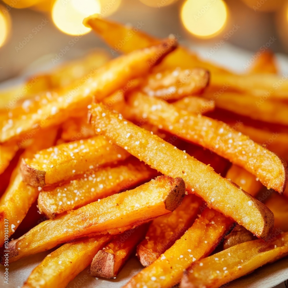 Sweet potato fries being seasoned under warm yellow lights, street food snacks, crunchy delight Sweet potato fries being seasoned under warm yellow lights, street food snacks, crunchy delight