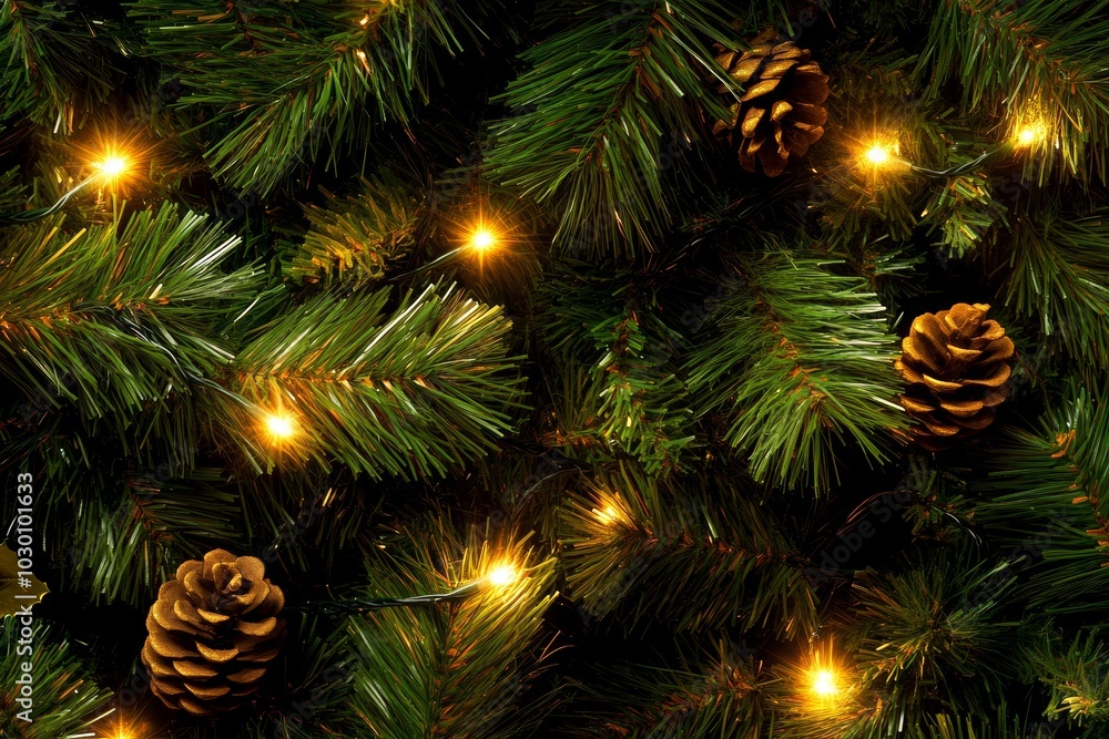 Frost-covered pine branches with glowing warm lights on a dark background. Frost-covered pine branches with glowing warm lights on a dark background.