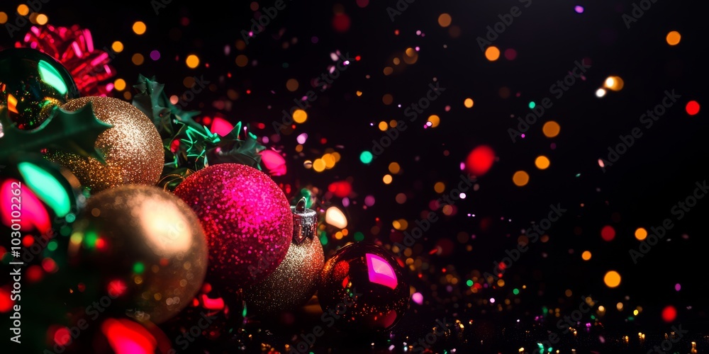 Red and gold striped bauble hanging on a Christmas tree with glowing lights in the background. Red and gold striped bauble hanging on a Christmas tree with glowing lights in the background.