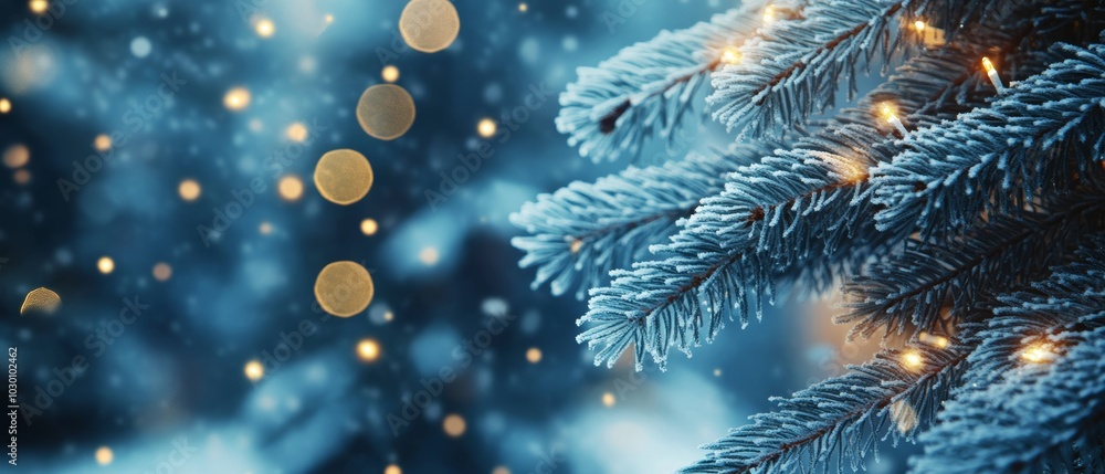 Snow-covered pine branches with glowing orange lights and falling snowflakes on a blurred white background. Snow-covered pine branches with glowing orange lights and falling snowflakes on a blurred white background.