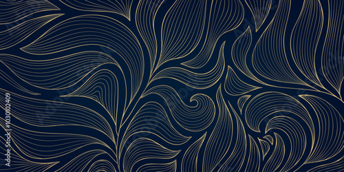 Vector art deco gold on blue leaves pattern, line luxury fancy gatsby background. Japanese style jungle foliage, wavy nouveau texture, plant wallpaper.