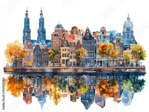 Classic Dutch canal houses with reflections in Amsterdam