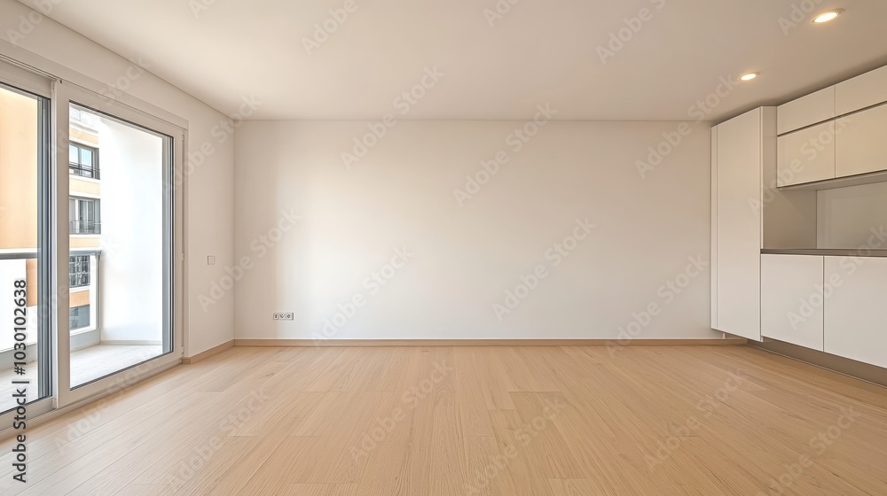 Empty New Apartment with Balcony, Large Window, Laminate Floor, Simple minimalistic Interior design Empty New Apartment with Balcony, Large Window, Laminate Floor, Simple minimalistic Interior design