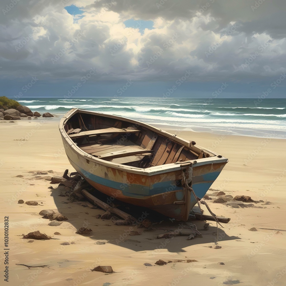 Illustration of old broken boat on sandy beach. Illustration of old broken boat on sandy beach.