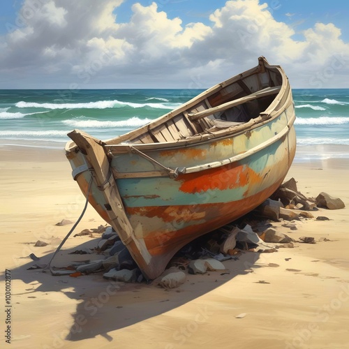 Illustration of old broken boat on sandy beach.