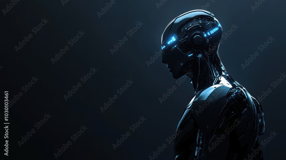 Futuristic Cyborg Silhouette Emerging from Darkness Conceptual Digital Rendering Futuristic Cyborg Silhouette Emerging from Darkness Conceptual Digital Rendering