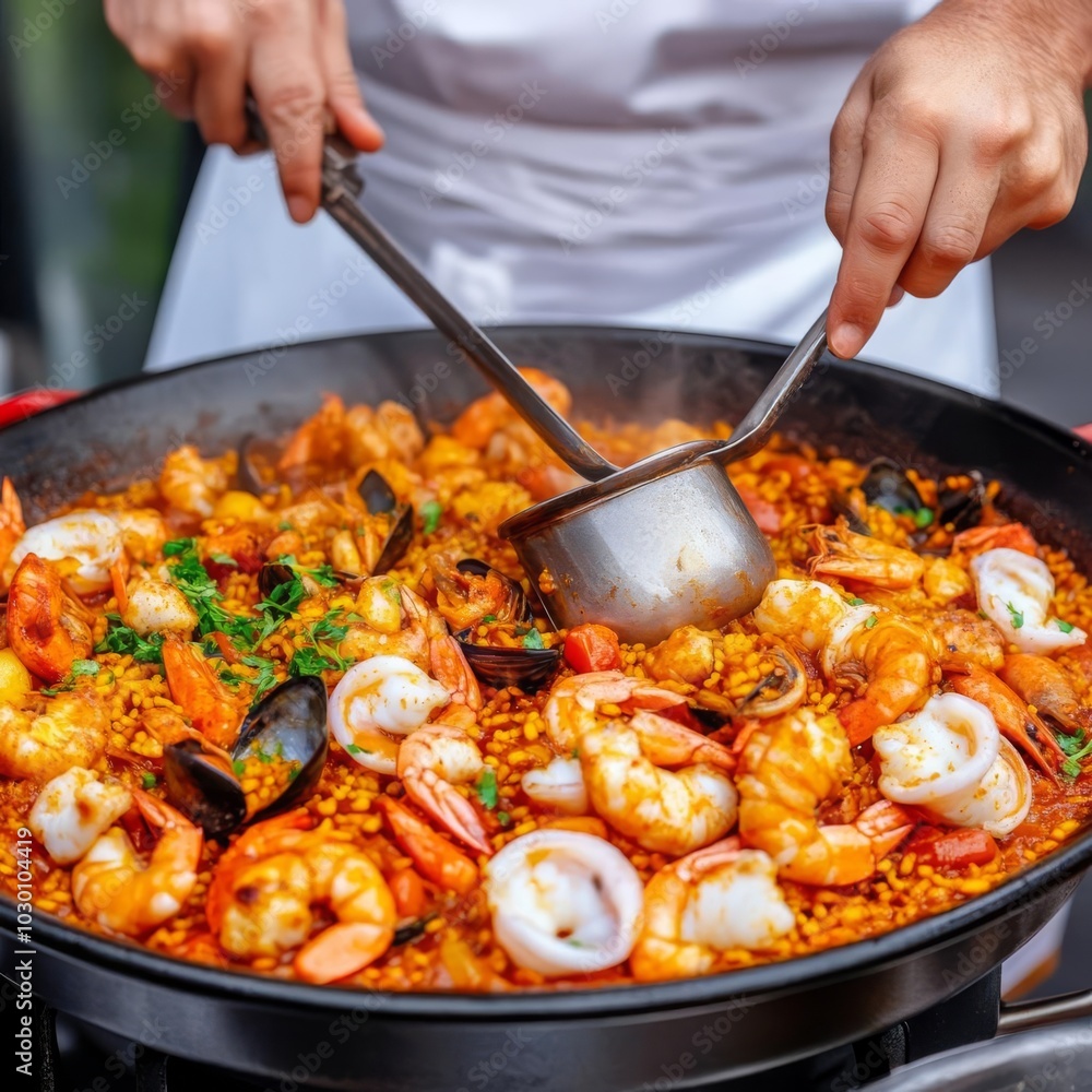 Vendor stirring spicy paella with seafood, street food snacks, Spanish night feast Vendor stirring spicy paella with seafood, street food snacks, Spanish night feast