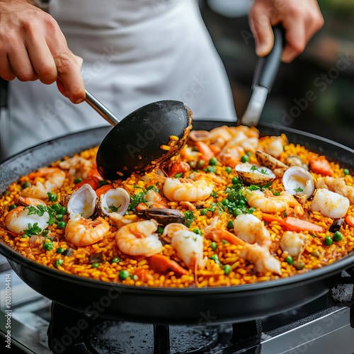 Vendor stirring spicy paella with seafood, street food snacks, Spanish night feast