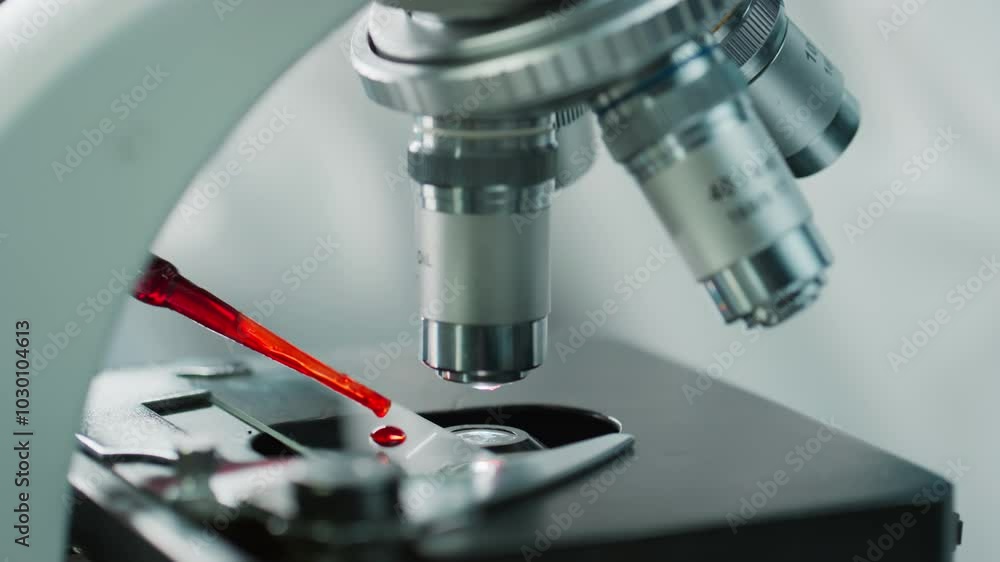 Close up view of gloved hands of lab technician dripping blood sample with pipette on glass plate for microscopic examination Close up view of gloved hands of lab technician dripping blood sample with pipette on glass plate for microscopic examination