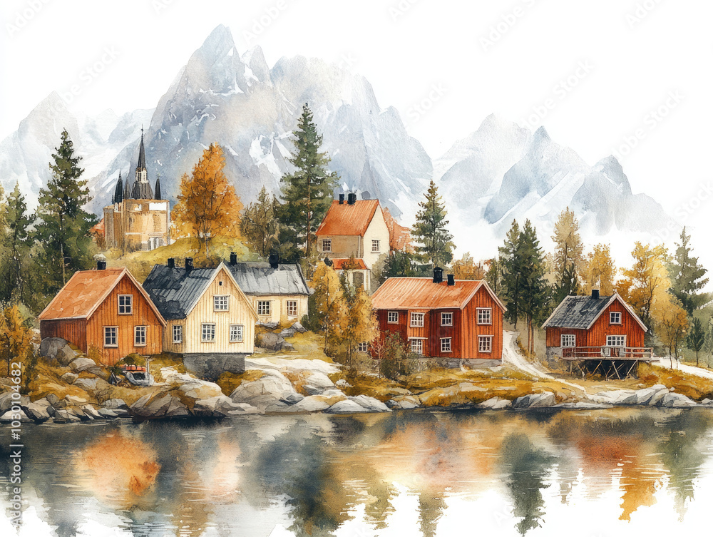 Fototapeta premium Scenic Norwegian village with mountains and water reflections