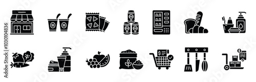 Grocery thin icon set. Containing store, noodle, snack, soda, vending machine