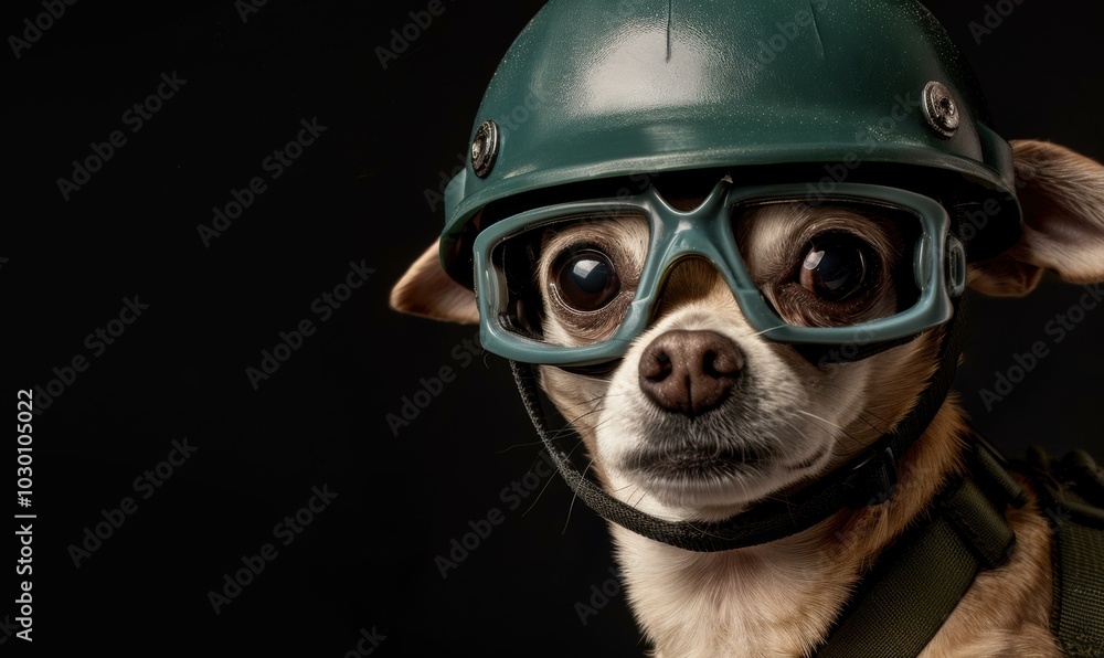 A small dog wearing a helmet and goggles. AI. A small dog wearing a helmet and goggles. AI.