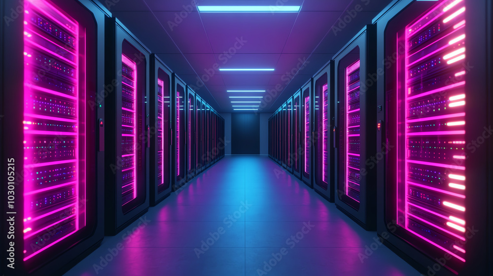 Fototapeta premium A futuristic data center corridor lined with illuminated servers, featuring vibrant pink and blue lighting, creating a high-tech ambiance.