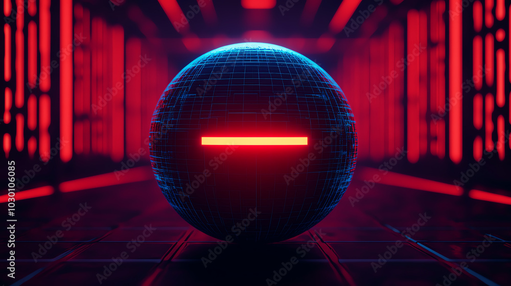 A futuristic sphere with glowing red lines, set against a dark environment filled with vibrant neon lights, creating a captivating visual experience. A futuristic sphere with glowing red lines, set against a dark environment filled with vibrant neon lights, creating a captivating visual experience.