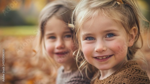 Adorable Sisters Smiling in Autumn Leaves