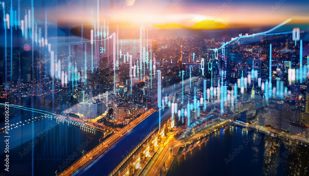 Stock market graphs. Business financial statistics overlaid on blurred cityscape background. Stock market graphs. Business financial statistics overlaid on blurred cityscape background.