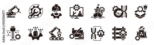 Technical Engineering thin line icon set. Containing robotic arm, system engineering, environmental engineering, software engineering, marine engineering