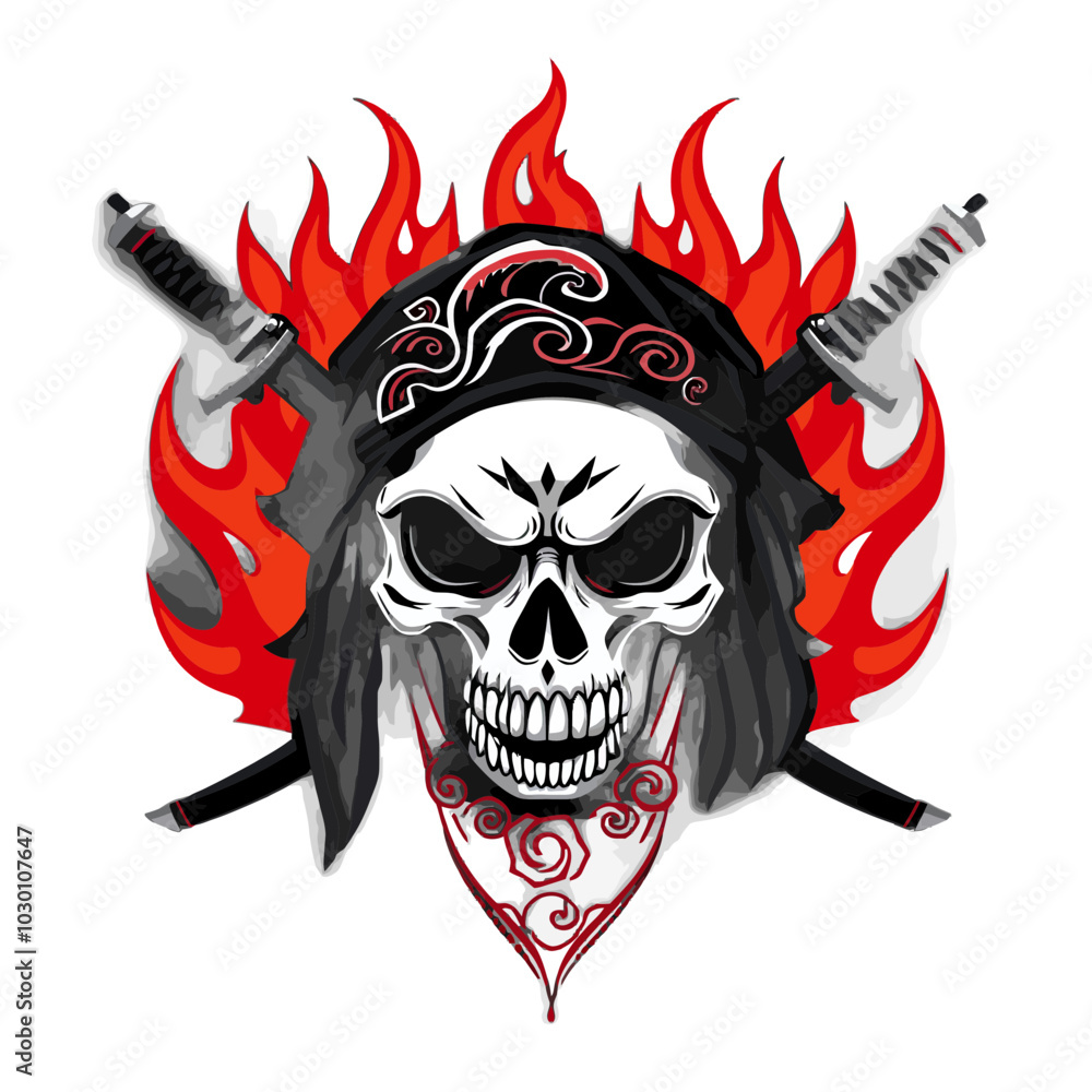 Fototapeta premium Fiery Skull with Crossed Swords and Bandana