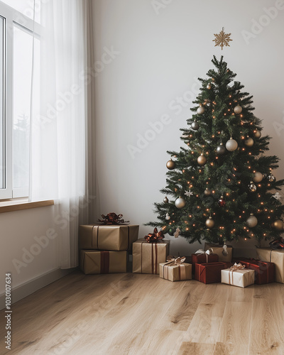 A beautifully decorated Christmas tree with elegant gold ornaments in the room with the fireplace.