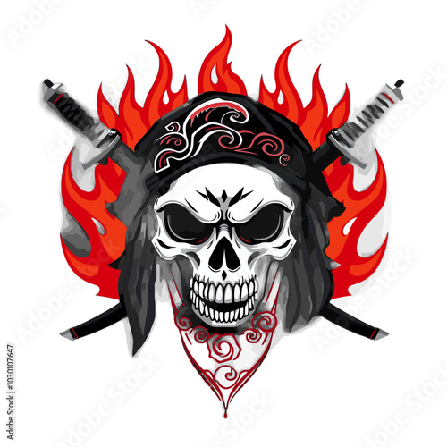 Fiery Skull with Crossed Swords and Bandana