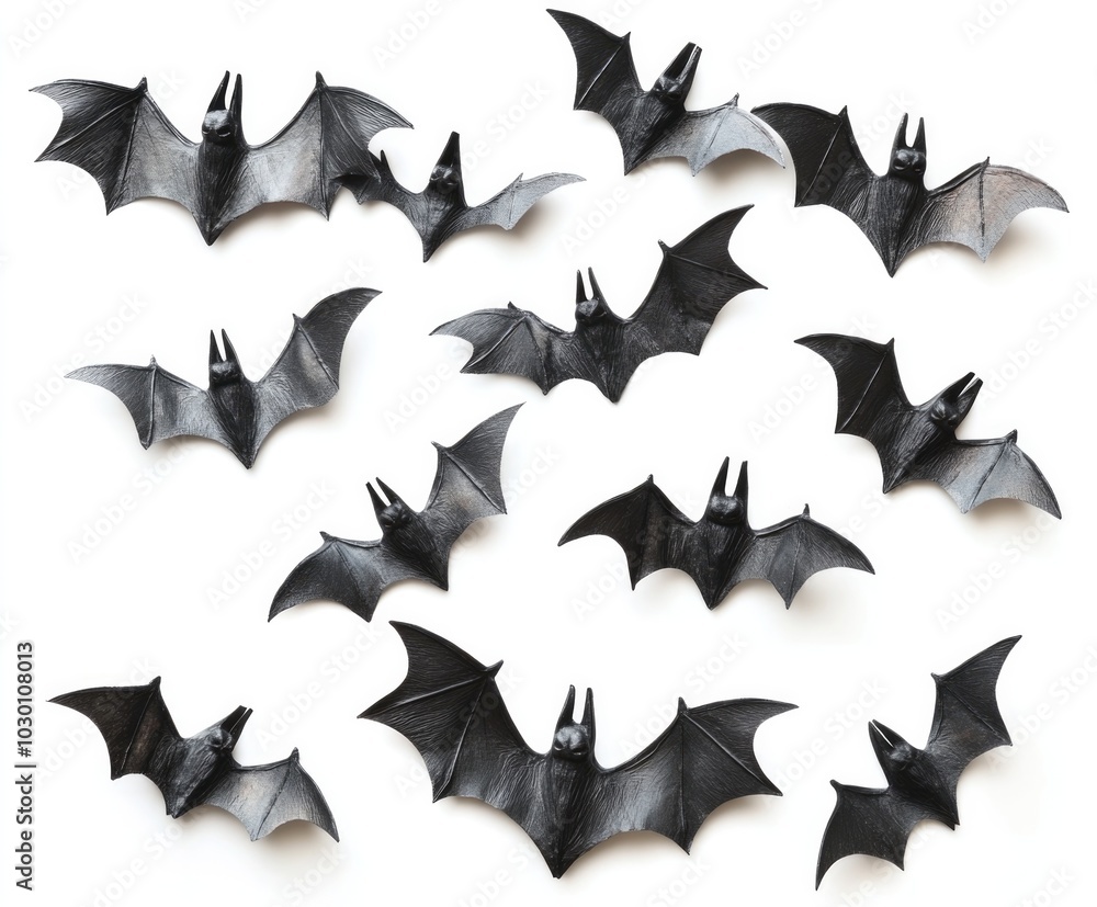 A collection of small black bat decorations, arranged on a white background. These bats are ideal for Halloween decor or spooky-themed events, adding an eerie atmosphere to any space A collection of small black bat decorations, arranged on a white background. These bats are ideal for Halloween decor or spooky-themed events, adding an eerie atmosphere to any space