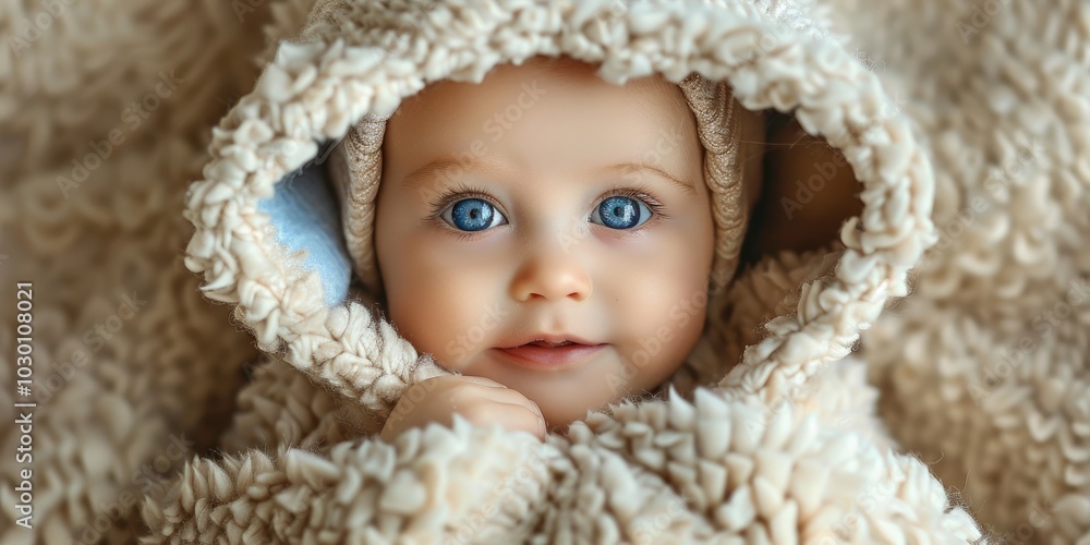 Cozy baby cuddling with a soft blanket in a warm and inviting indoor setting Cozy baby cuddling with a soft blanket in a warm and inviting indoor setting