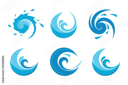 Set of Collection of splashes and vortices of water on white background