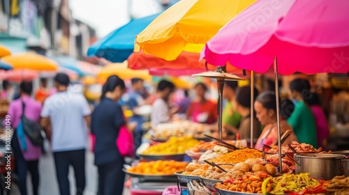 Crowded street food stalls with colorful umbrellas, bustling urban market scene photo