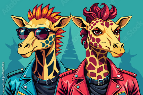 two giraffes vector in punk rock leather jacket wear, animal portrait, isolated background