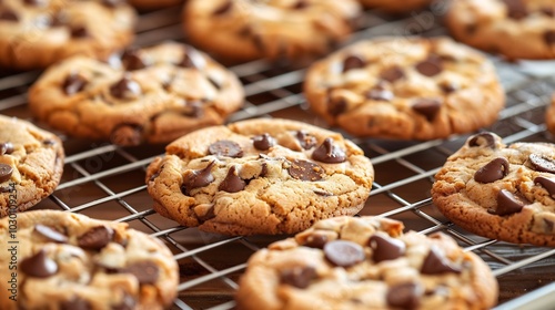 Chocolate Chip Cookies Cooling on a Wire Rack photo