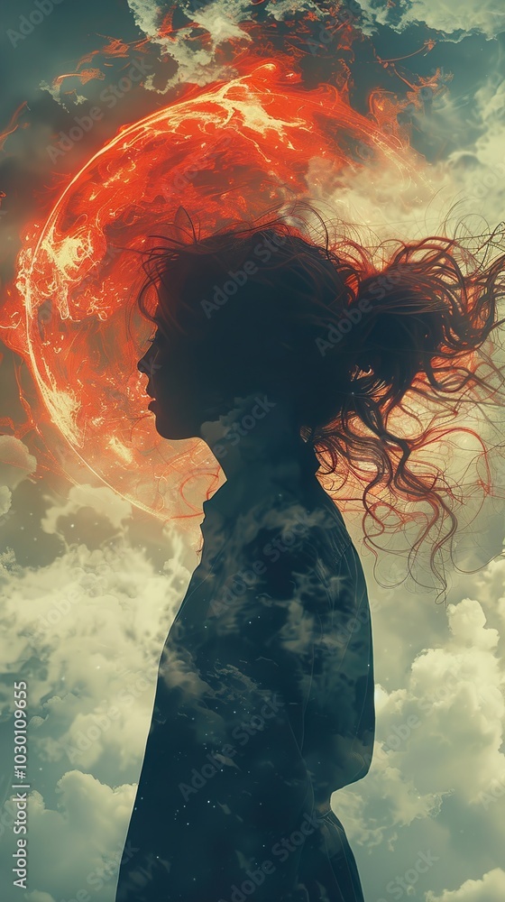 Silhouette of a Woman Against a Fiery Sky Silhouette of a Woman Against a Fiery Sky