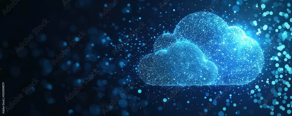 A modern cloud computing concept illuminated by blue lights and cloud icons, ideal for illustrating tech themes. A modern cloud computing concept illuminated by blue lights and cloud icons, ideal for illustrating tech themes.