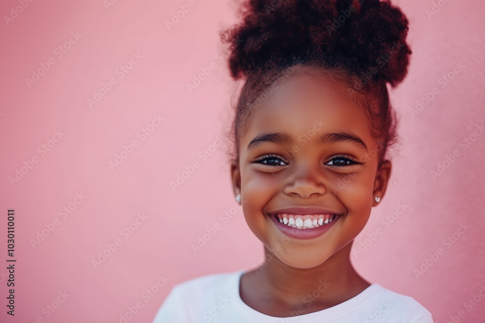 A cheerful young girl with a big smile stands against a pink background on a sunny day A cheerful young girl with a big smile stands against a pink background on a sunny day