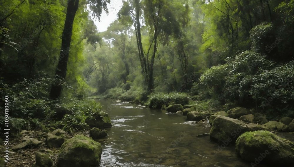 Lush green forest landscape with a serene stream and rocks surrounded by vibrant foliage
Lush green forest landscape with a serene stream and rocks surrounded by vibrant foliage