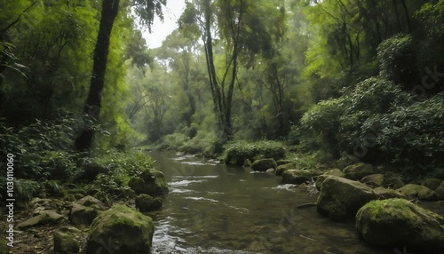 Lush green forest landscape with a serene stream and rocks surrounded by vibrant foliage
