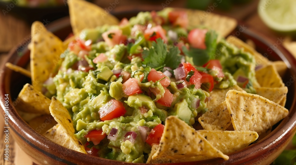 Guacamole and Tortilla Chips in a Brown Bowl Guacamole and Tortilla Chips in a Brown Bowl
