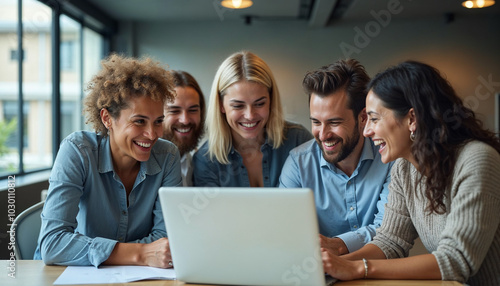 Happy smiling diverse employees using laptop, watching webinar together, engaged in online conference, students, office workers working on project, teamwork concept, horizontal photo