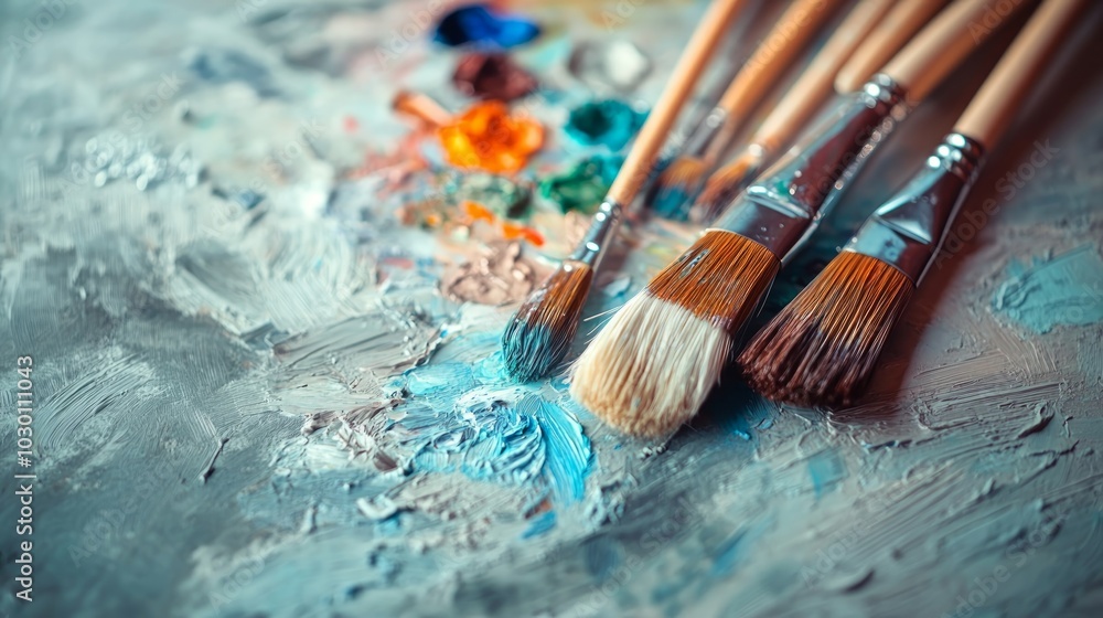 Fototapeta premium Close-up of paintbrushes on a palette with colorful paint.