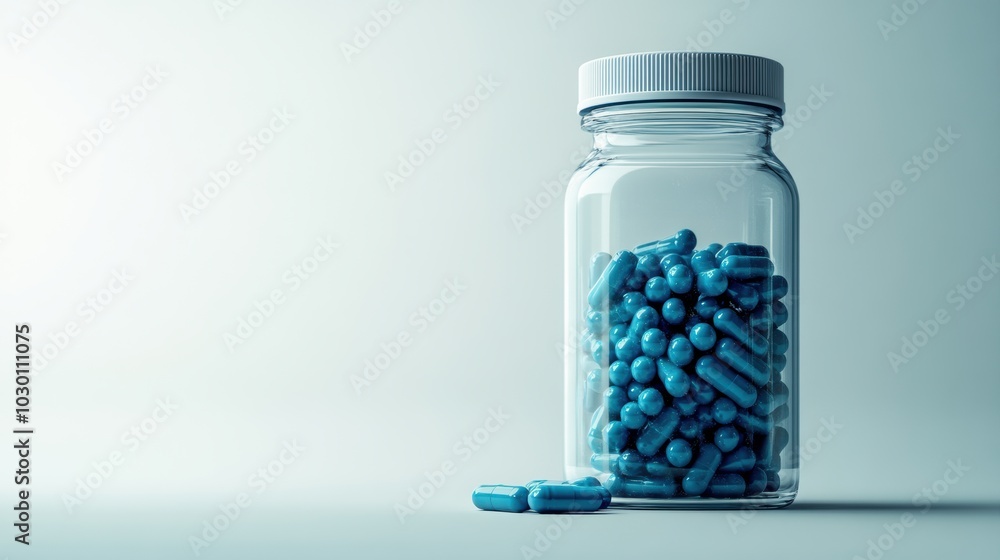 Transparent bottle with blue pills, on a soft blue background with copy space Transparent bottle with blue pills, on a soft blue background with copy space