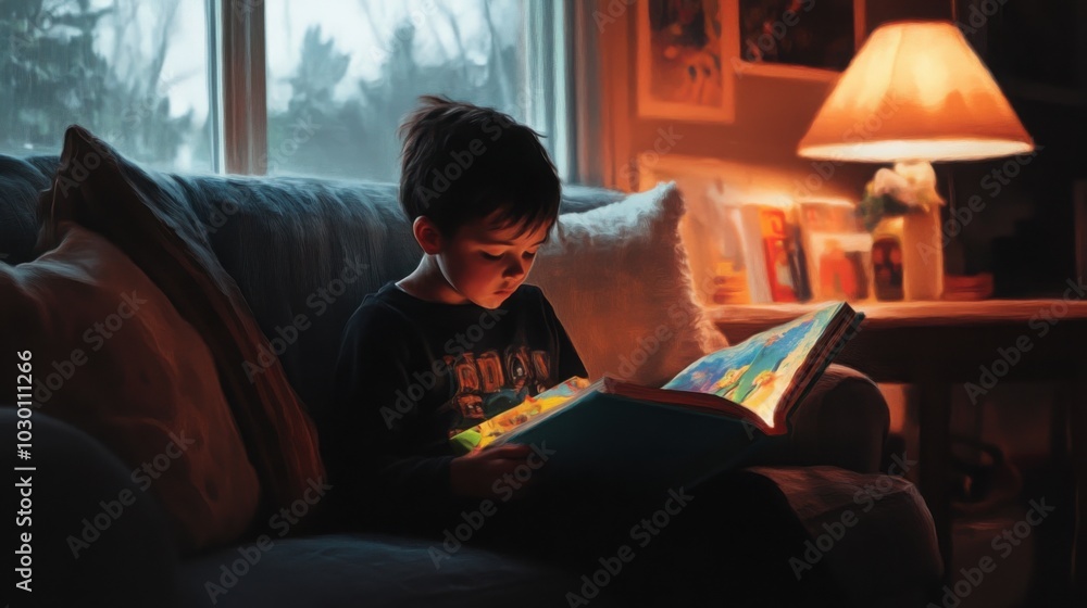 child sitting on a couch, deeply engrossed in a colorful picture book child sitting on a couch, deeply engrossed in a colorful picture book