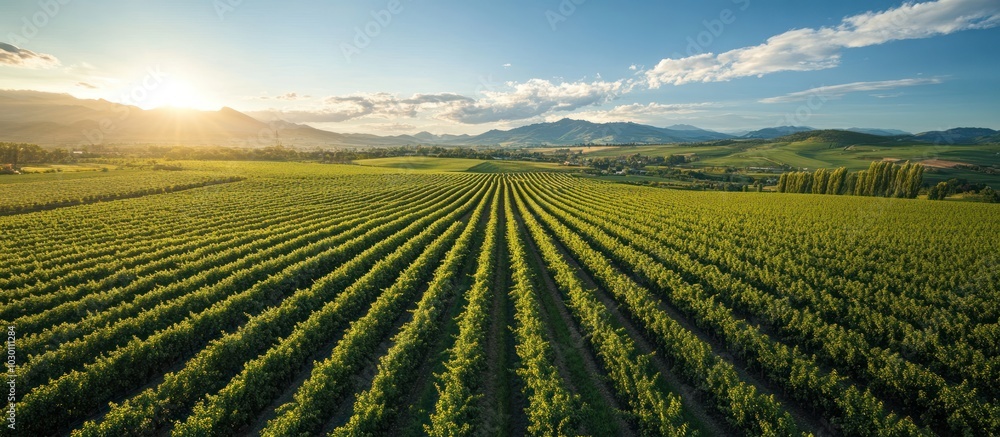 A large field of lush green crops with rolling hills in the background, illuminated by the golden rays of the setting sun. A large field of lush green crops with rolling hills in the background, illuminated by the golden rays of the setting sun.