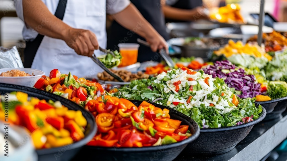 Street food stall selling fresh salads, vibrant urban market vibes Street food stall selling fresh salads, vibrant urban market vibes