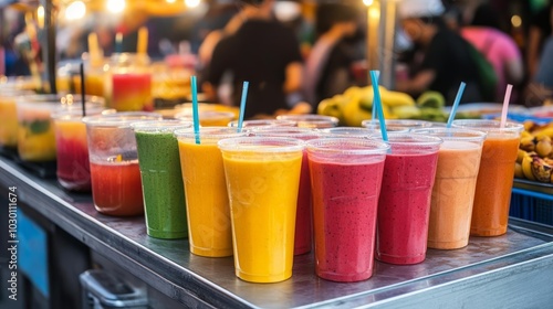 Street food stall with tropical smoothies, bustling night market