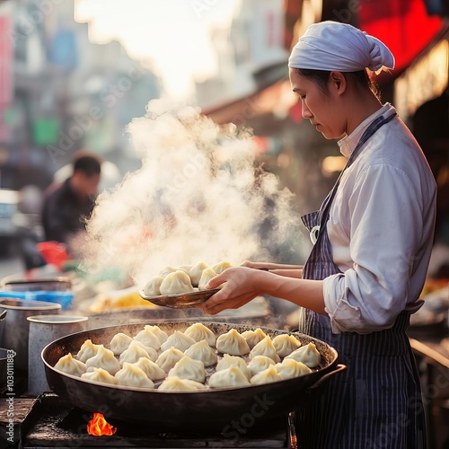 Street vendor frying dumplings, smoky air, bustling market scene