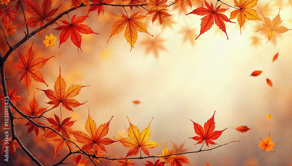 Beautiful Nature autumn background. Border of bright maple leaves on sunset sky background. Scenic autumn wallpaper or Web banner with copy space for text Beautiful Nature autumn background. Border of bright maple leaves on sunset sky background. Scenic autumn wallpaper or Web banner with copy space for text