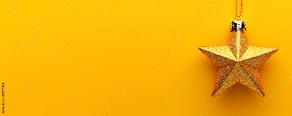 A sparkling golden star-shaped Christmas ornament is beautifully displayed against a vibrant yellow background A sparkling golden star-shaped Christmas ornament is beautifully displayed against a vibrant yellow background