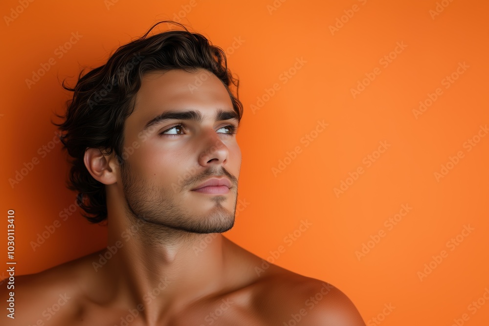 Handsome young man with bare shoulders gazing thoughtfully against an orange background