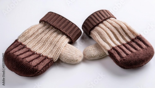 Cozy Winter Mittens with Beige and White Stripes for Outdoor Cold Protection, Ideal for Skiing, Snowball Fights, or Casual Winter Walks, Highlighting Soft Knit Material and Folded Cuffs for Warmth photo